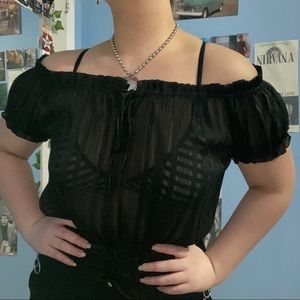 Off the shoulder sheer glittery peasant top